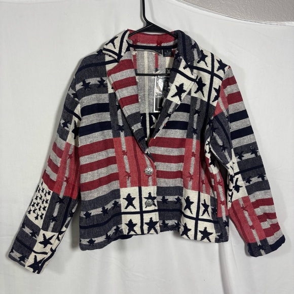 New Identity Jackets & Blazers - New Identity Hand Woven Red White Blue Stars Stripes Blazer Jacket Women’s Sz. S